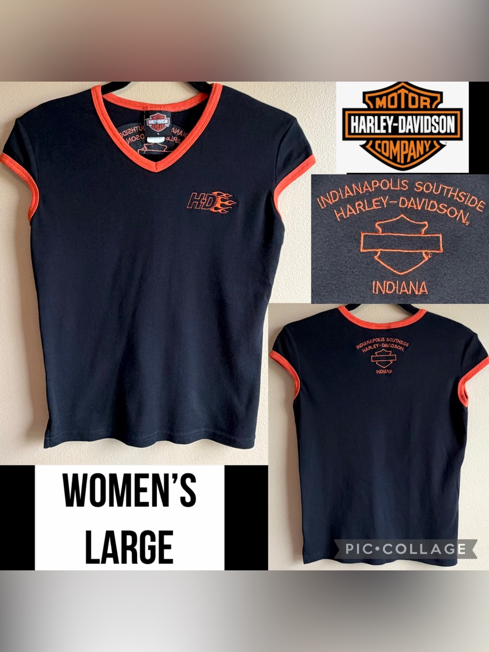Harley Davidson Women’s T-Shirt Black Orange HD Flame Logo Indianapolis Size L